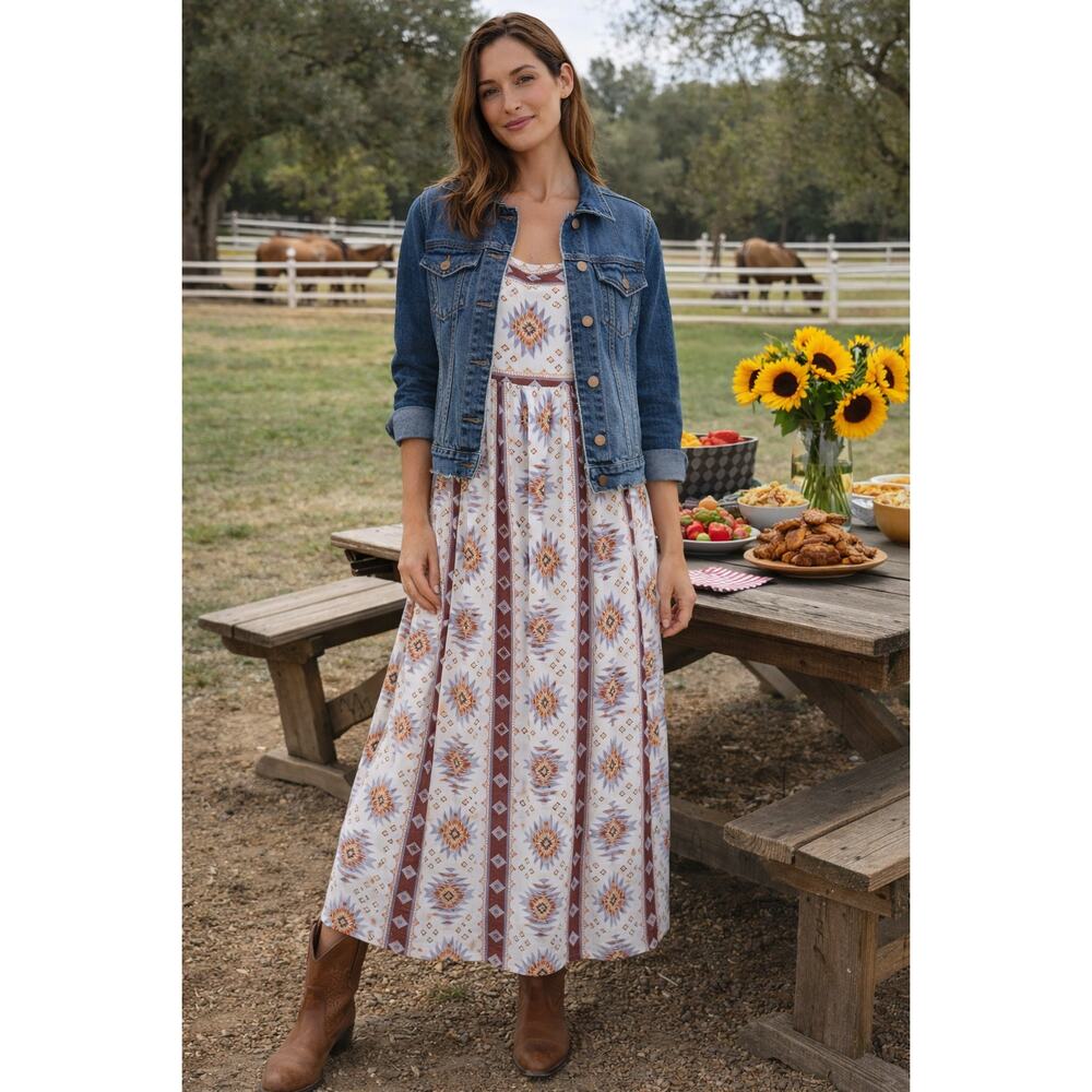 Sonoma Goods For Life Aztec Boho Maxi Dress Size XL Linen Blend Smocked - Picture 2 of 8